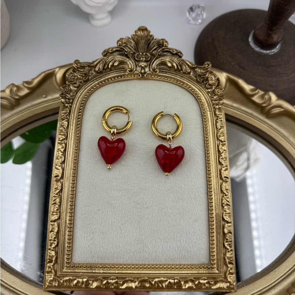Gold Hoop Earrings with Red Heart Charm – Romantic & Playful - Picture 3 of 12